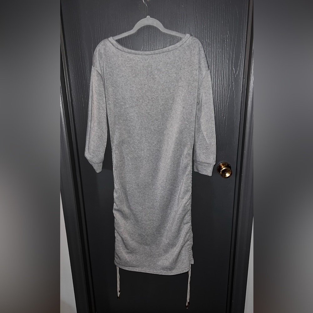 Ruched Long Sleeve Mini Sweatshirt Dress Drawstring Round Neck Short Dress